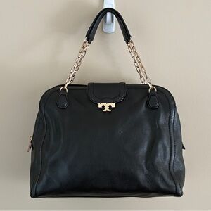 Tory Burch Sammy Black Pebbled Leather Satchel Gold Chain Link Shoulder Bag